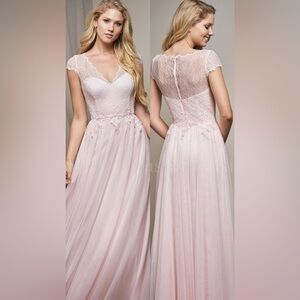 L204010 Long V-neck Lace & Soft Tulle Bridesmaid Dress with Cap Sleeves